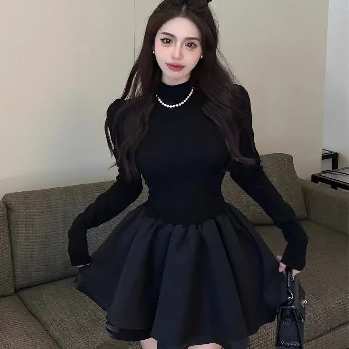 French-Style Half-Turtleneck A-Line Dress with Cinched Waist and Puffy Skirt