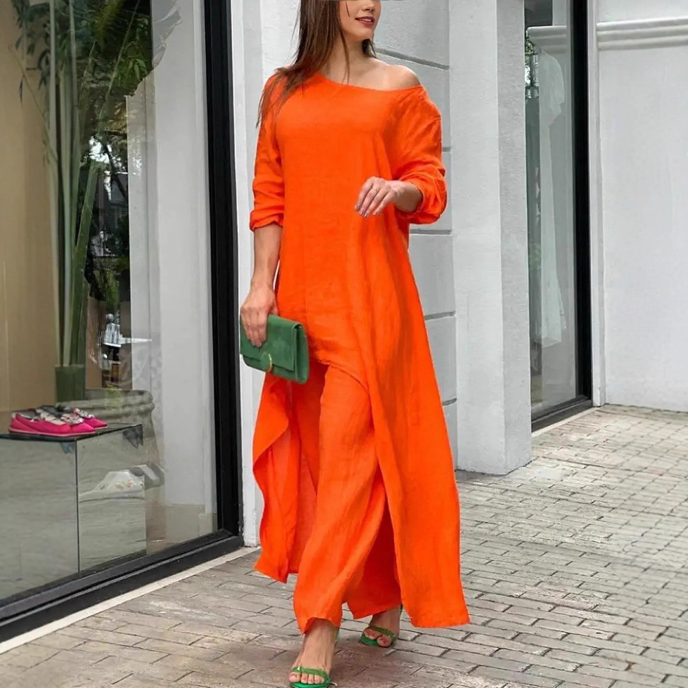 Women's Cotton-Linen Asymmetric Long-Sleeve Wide-Leg Two-Piece Set