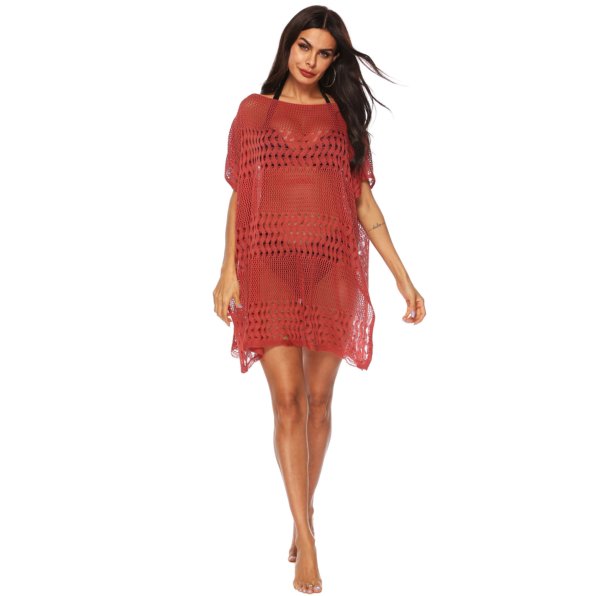 Women's Sheer Hollow-Out Knit Beach Cover-Up Dress