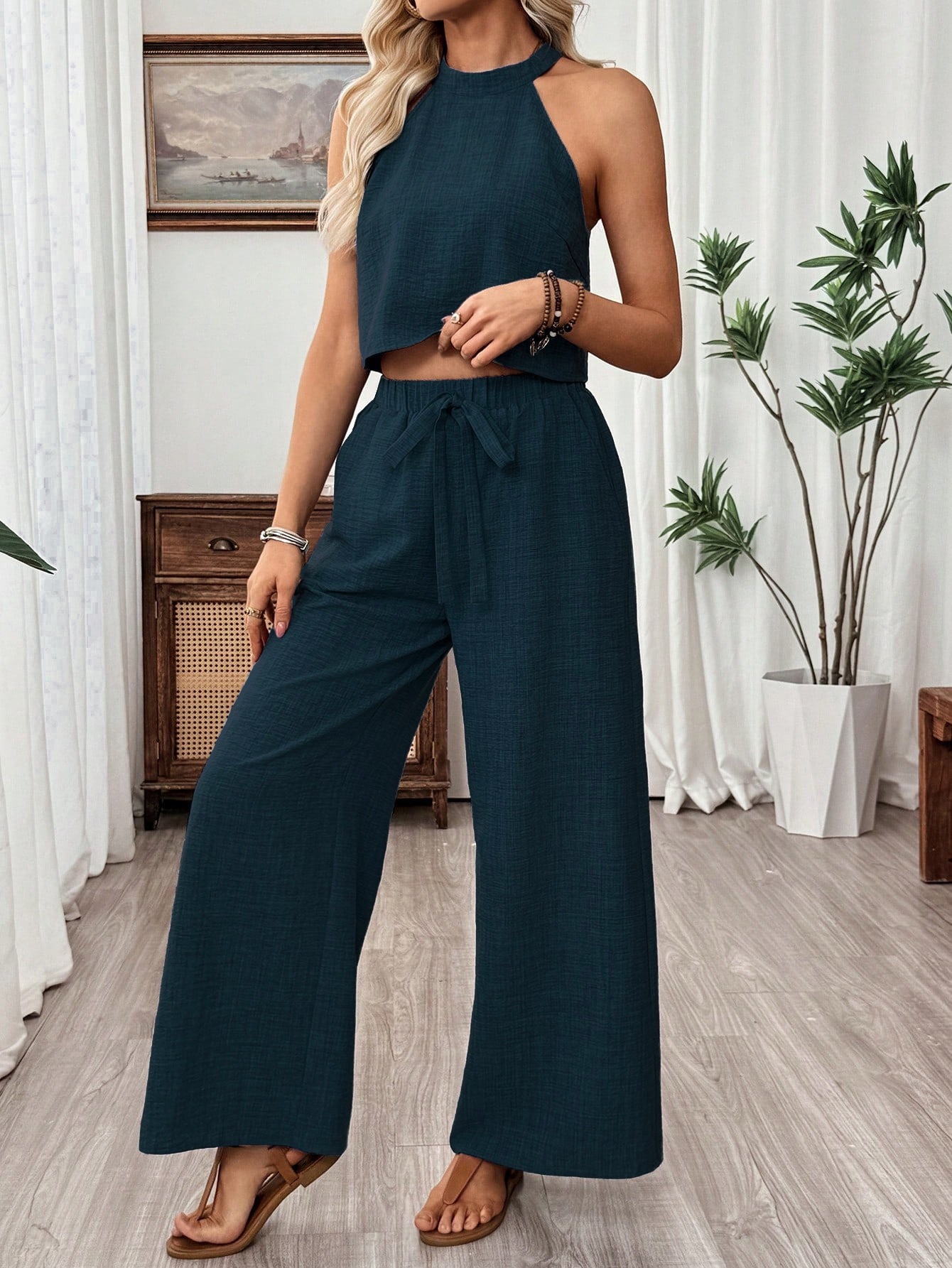 Women's Halter Sleeveless Crop Top and Wide-Leg Pants Set Casual Two-Piece