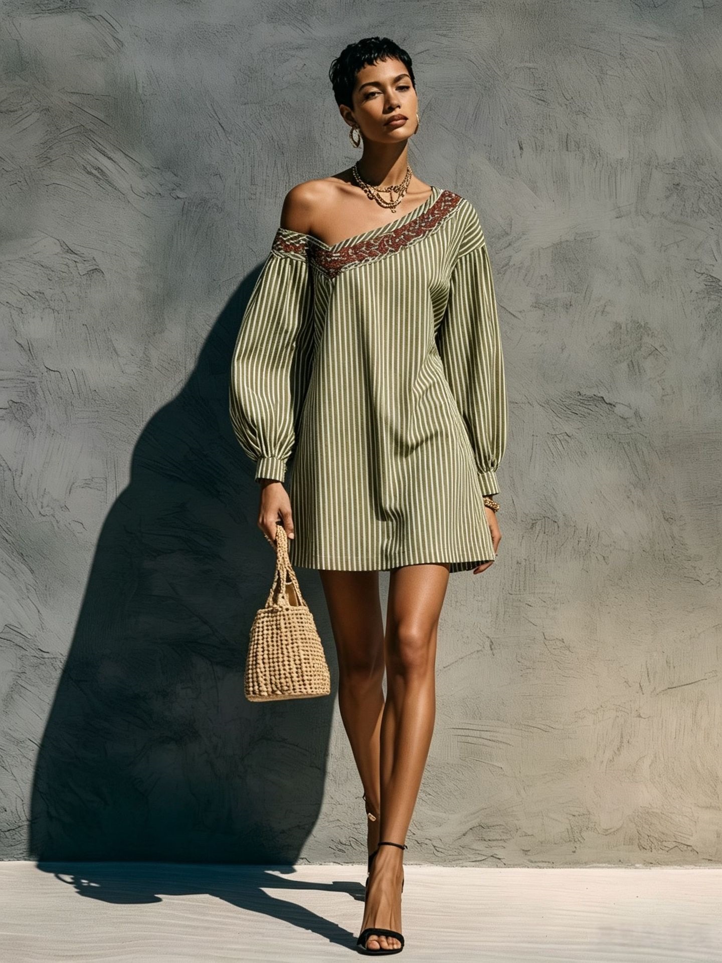 Striped One-Shoulder Long-Sleeve Embroidered Mini Dress