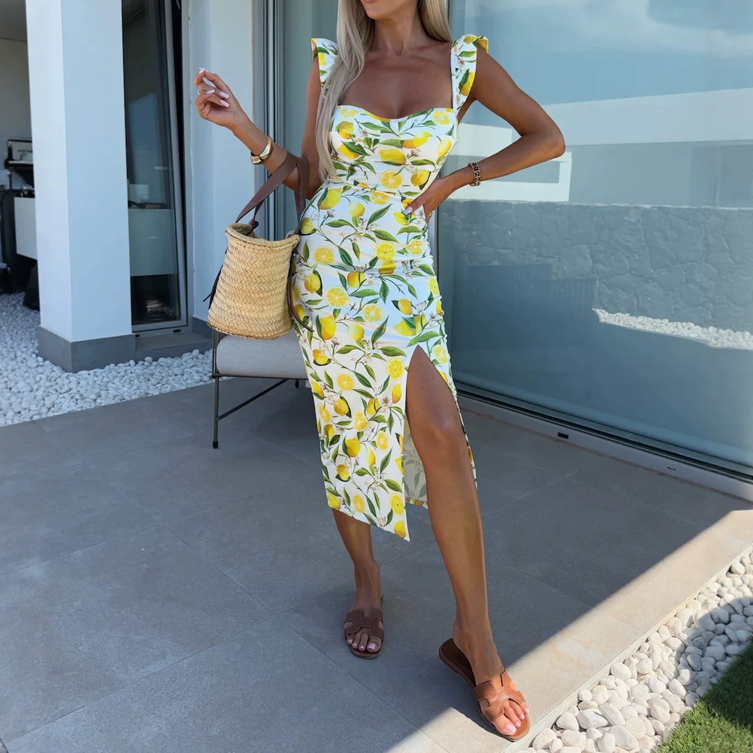 Elegant French Floral Slip Dress with Slit