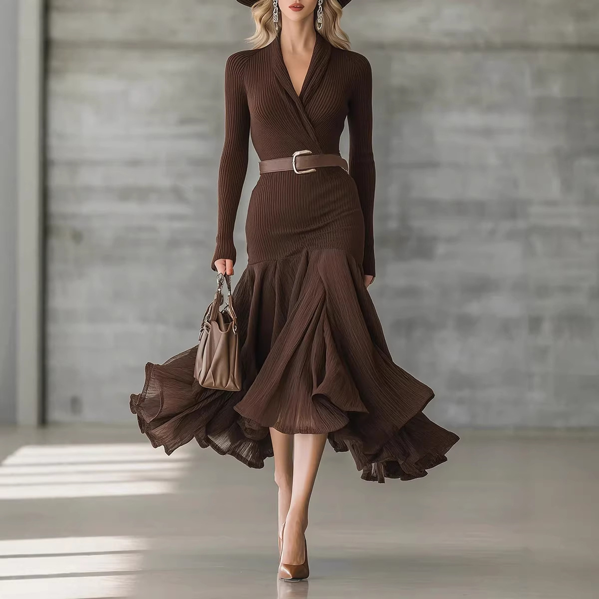 Solid Color V-Neck Long Sleeve Maxi Dress with Flared Skirt