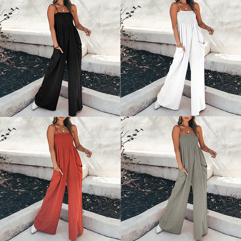 Women's Sleeveless Pleated Wide-Leg Jumpsuit Solid Color Commuter