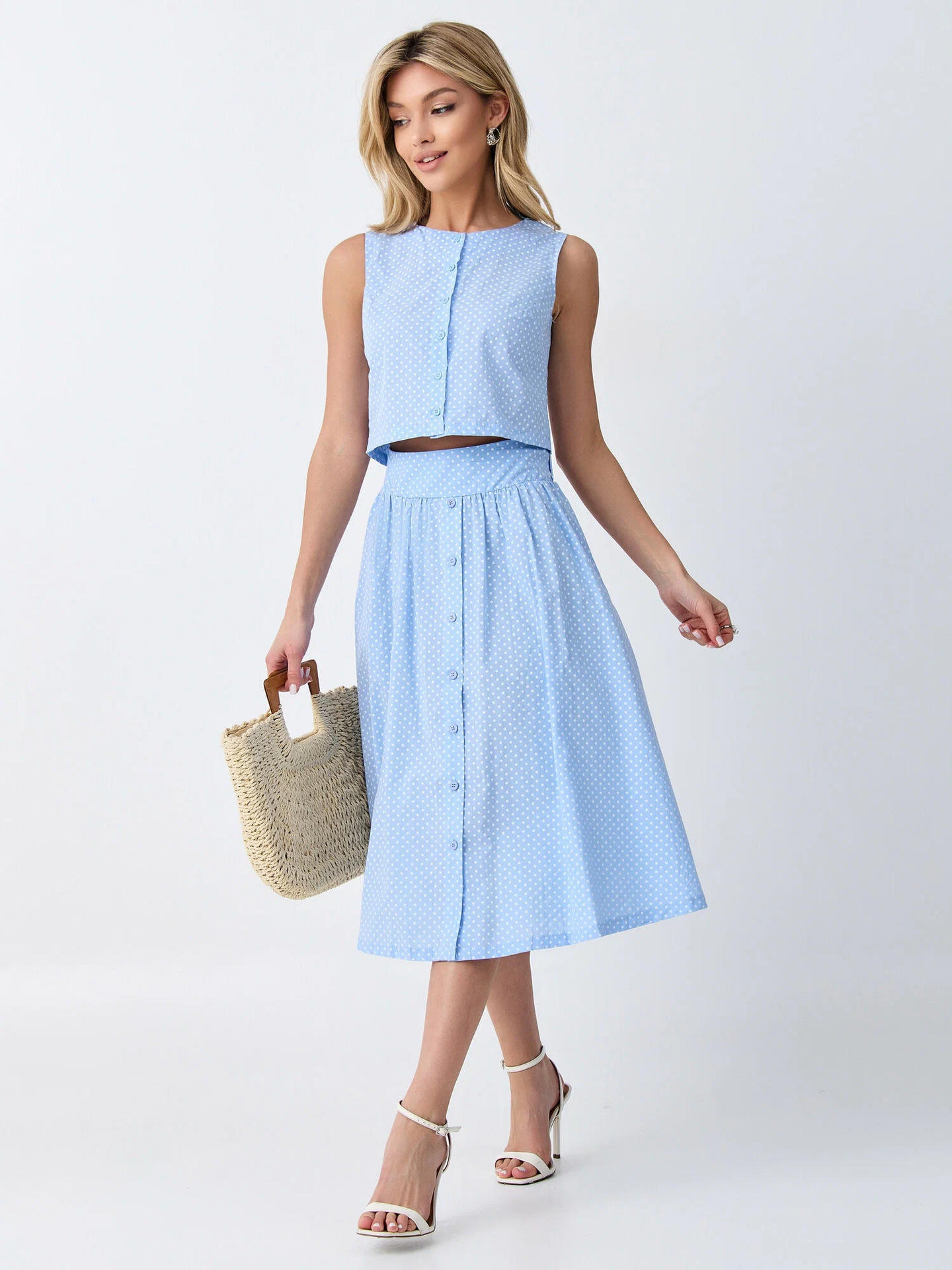 Polka Dot Sleeveless Crop Top and High-Waist Skirt Two-Piece Set