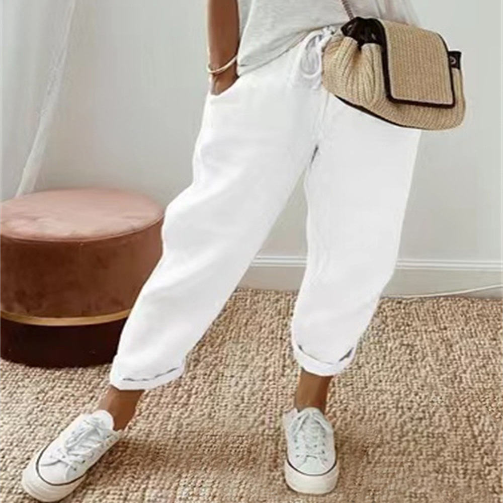 Women's Cotton-Linen Elastic Waist Casual Pants with Pockets