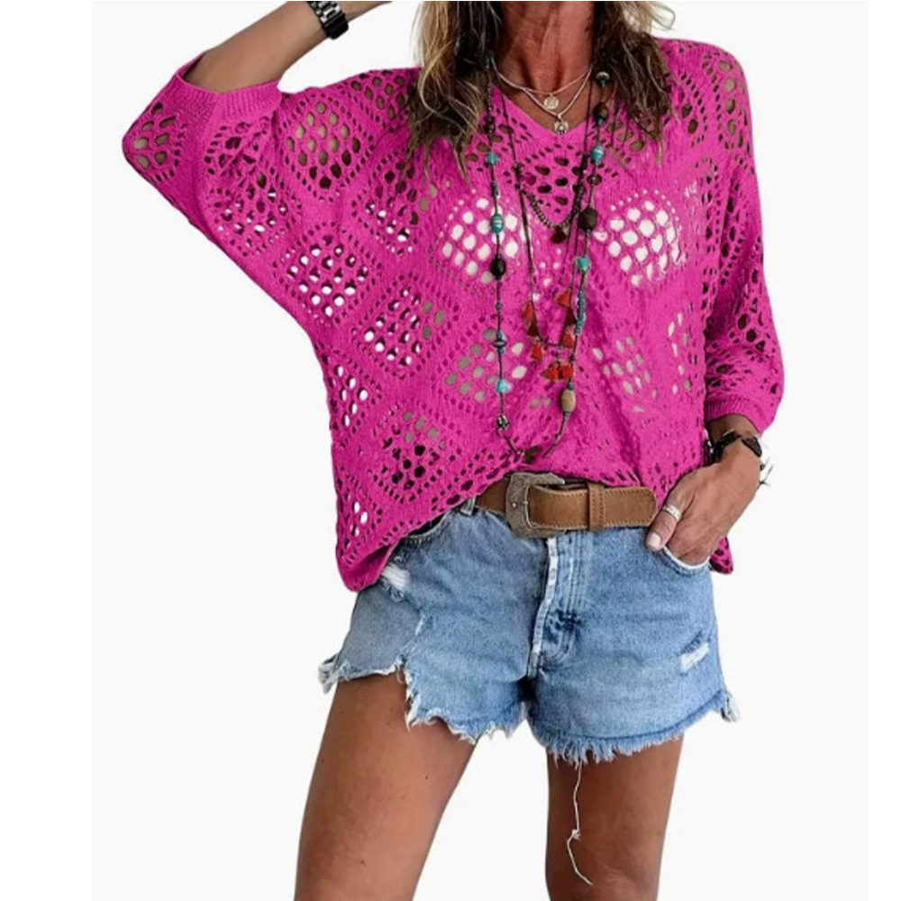 V-Neck Diamond Openwork Batwing Sleeve Women's Knit Top