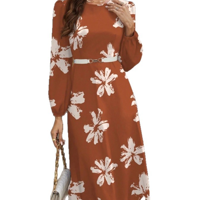 Floral Print Knit A-Line Long Dress Crew Neck Long Sleeve