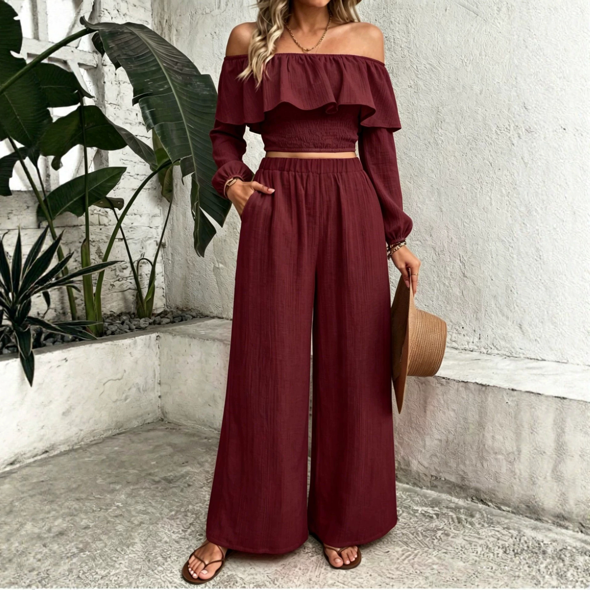 Women's Boho Off-Shoulder Ruffle Top & High-Waist Wide-Leg Pants Set
