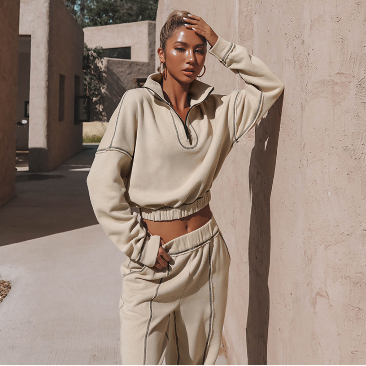 Women's Casual Sportswear Two-Piece Sweatsuit Set Long Sleeve Solid Color