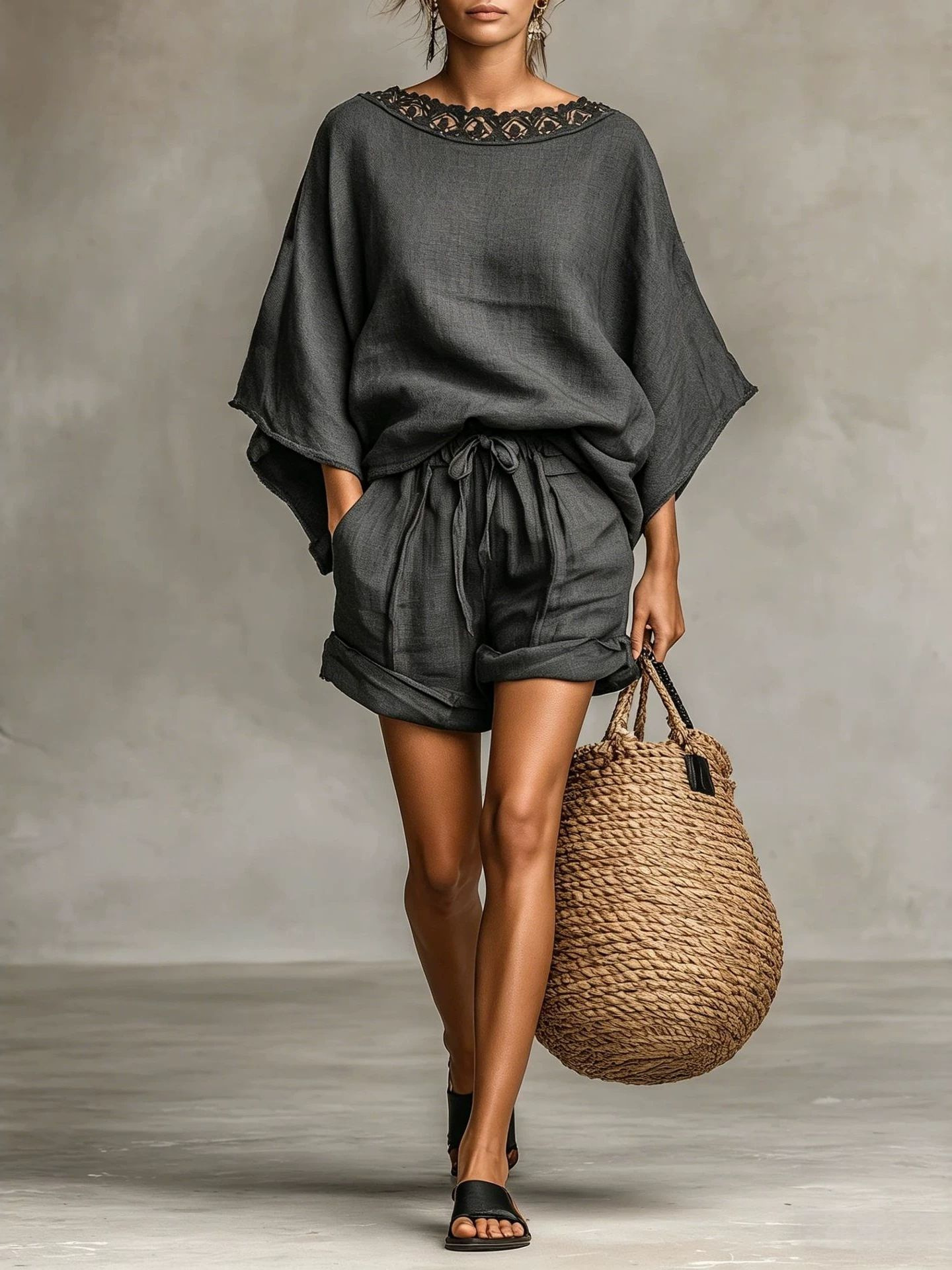 Women's Lace Trim Loose Batwing Sleeve Top