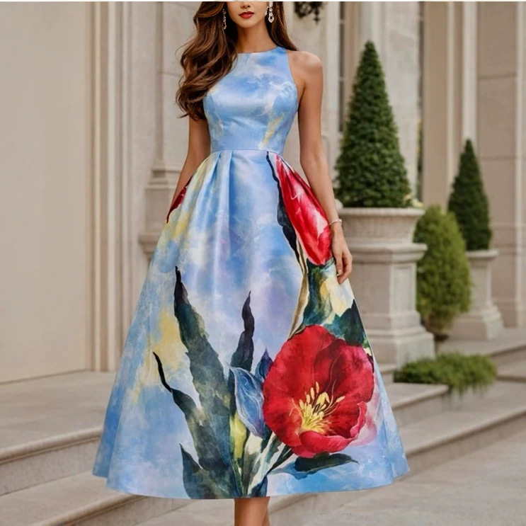 Women's Sleeveless Round Neck Floral Print Long Dress
