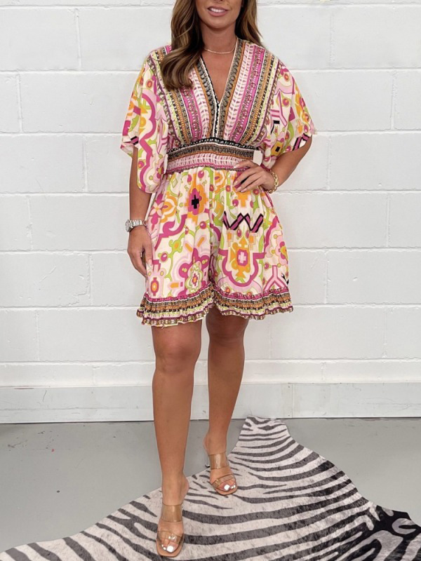 Women's Ethnic Print V-Neck Short Sleeve Jumpsuit
