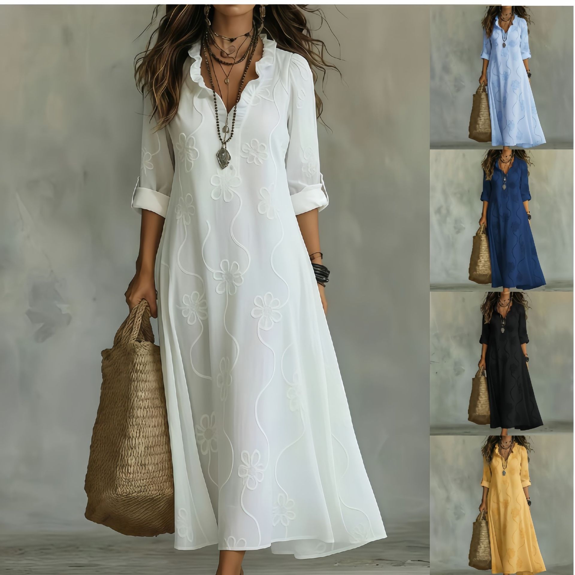 3D Digital Print Long Sleeve Plus Size A-Line Dress