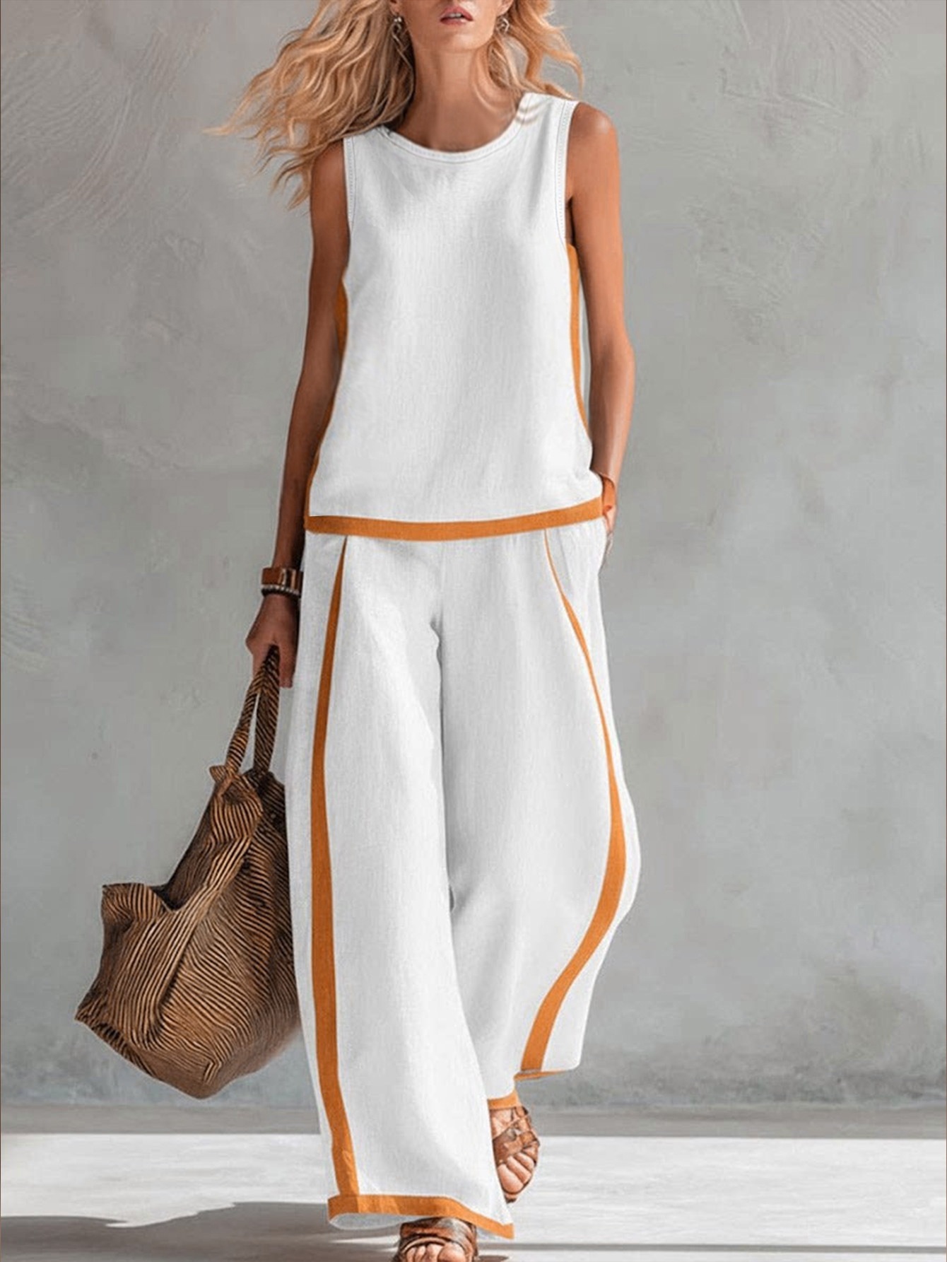 Sleeveless Colorblock Wide-Leg Pants Set Women's Summer Casual Two-Piece