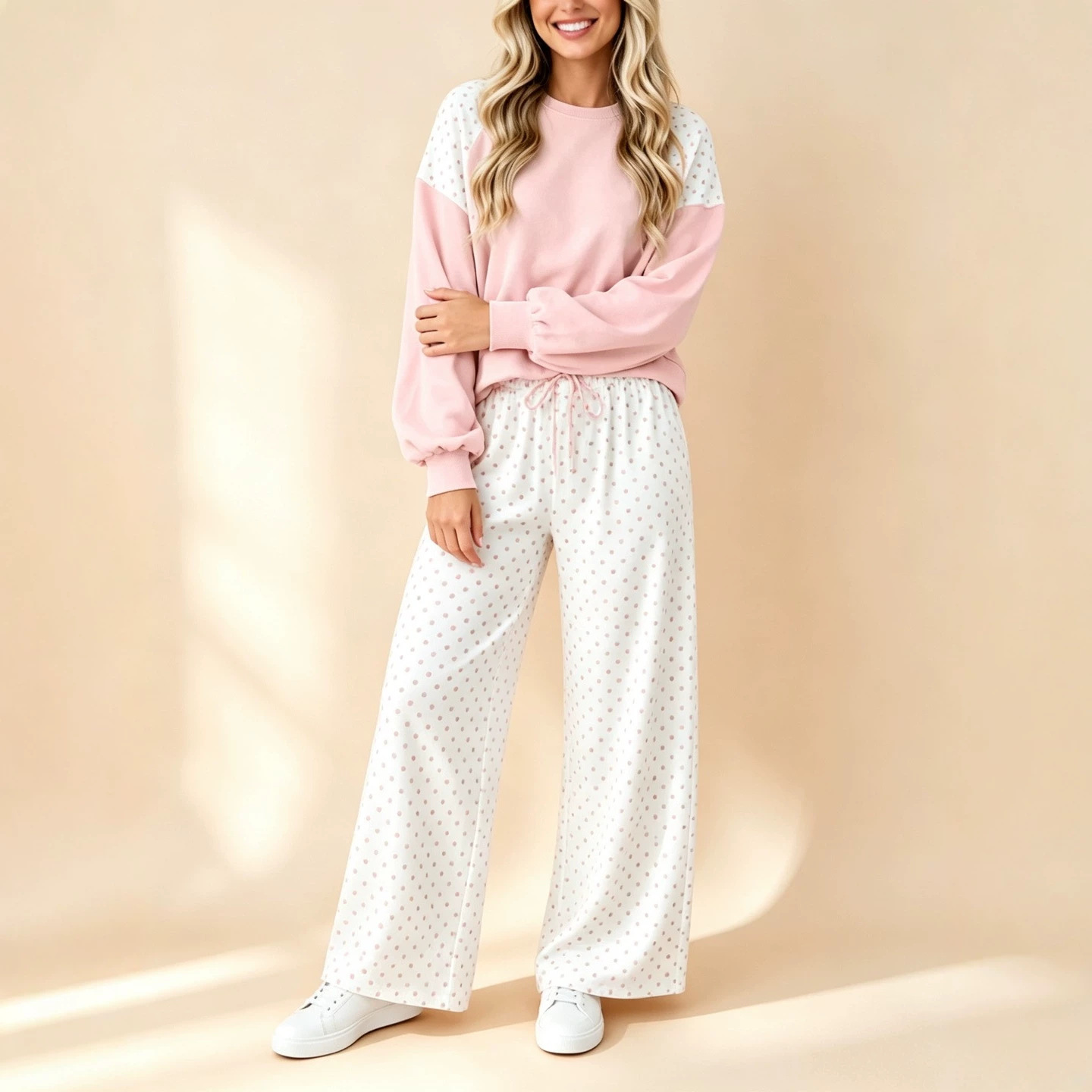 Colorblock Polka Dot Women's Two-Piece Set with Crew Neck Long Sleeve Top and Drawstring Wide-Leg Pants