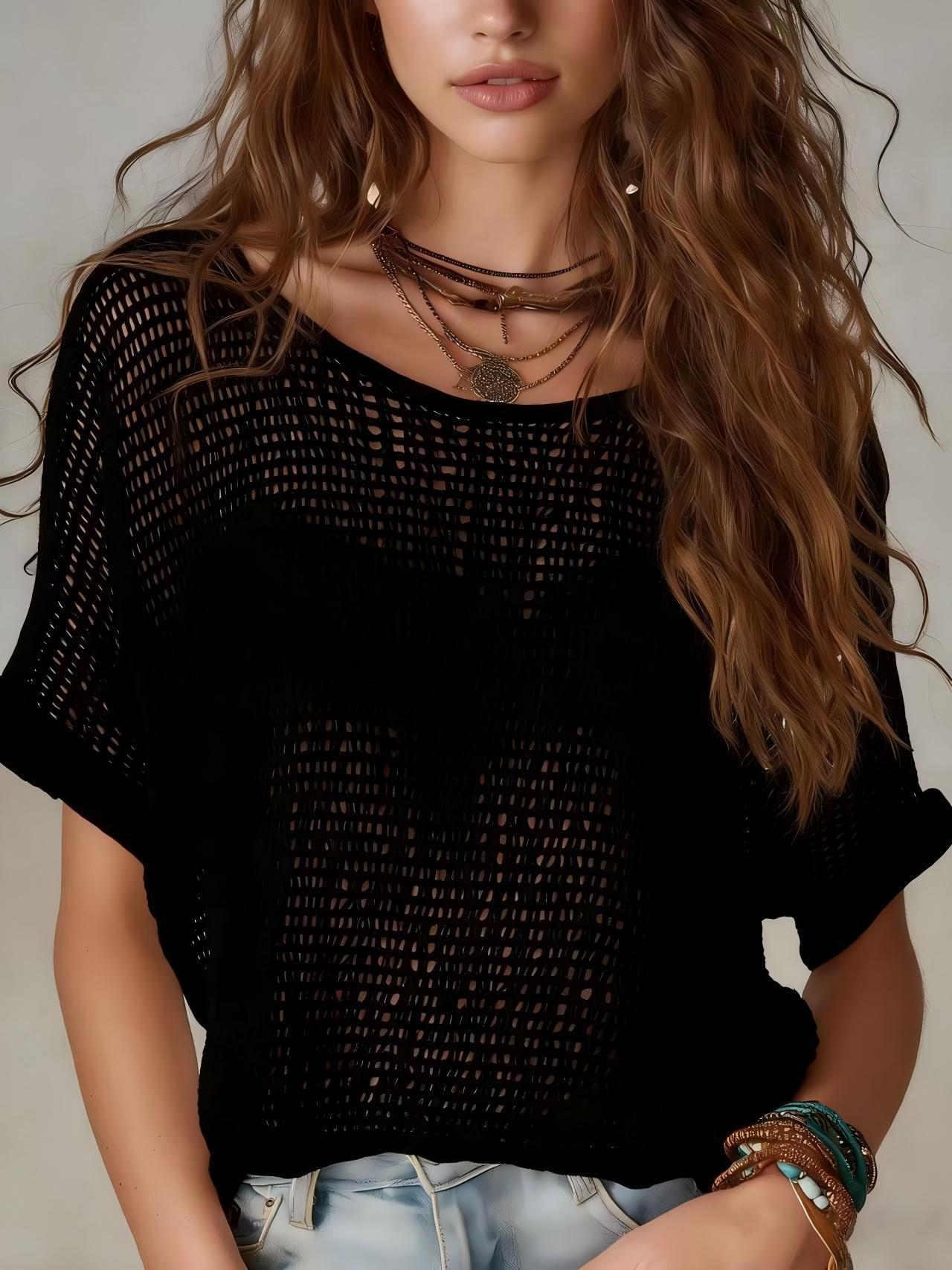 Women's Boho Crochet Knit Short Sleeve Sweater