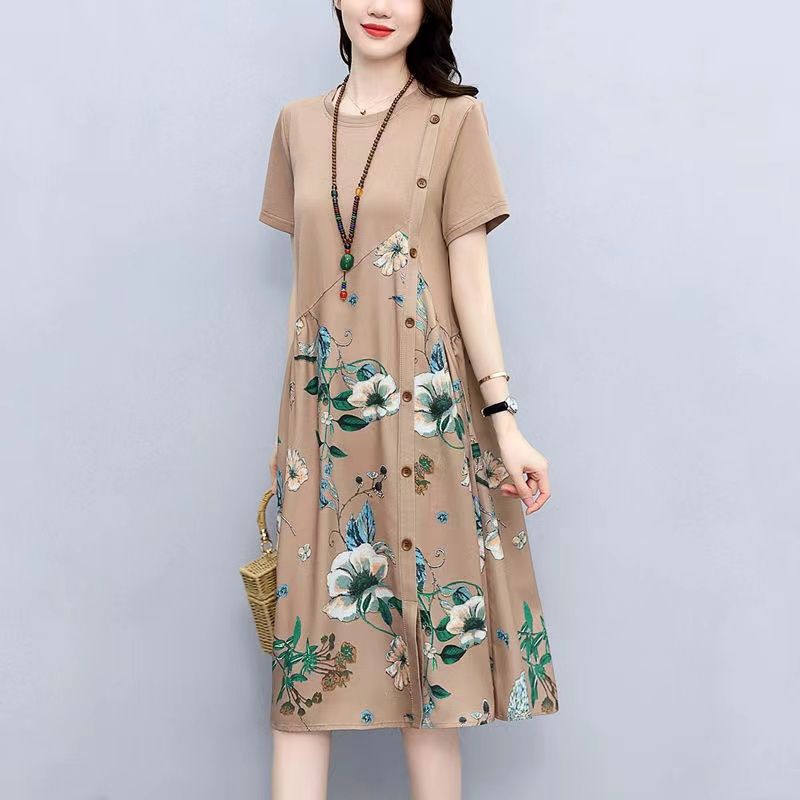 Women's Vintage Floral A-Line Dress Short Sleeve Loose Fit