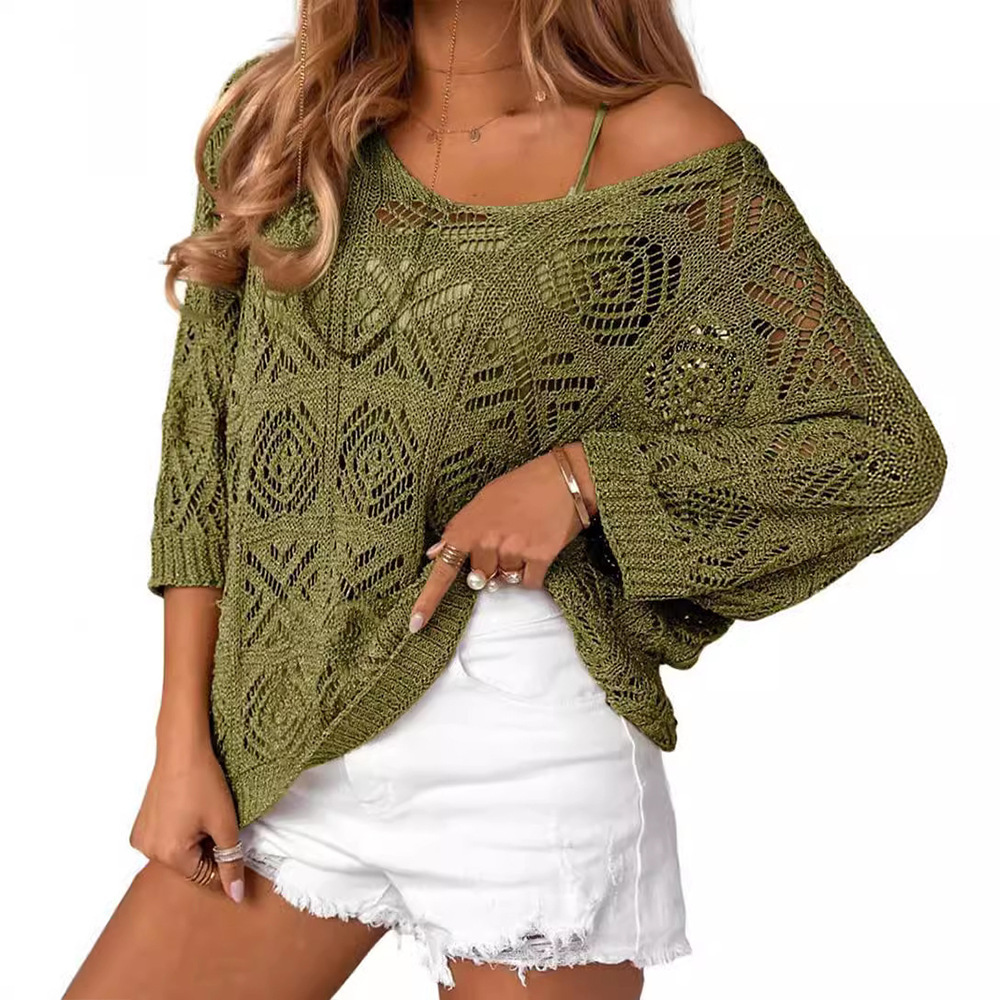 V-Neck Diamond Crochet Hollow-Out Knit Top with Dolman Sleeves