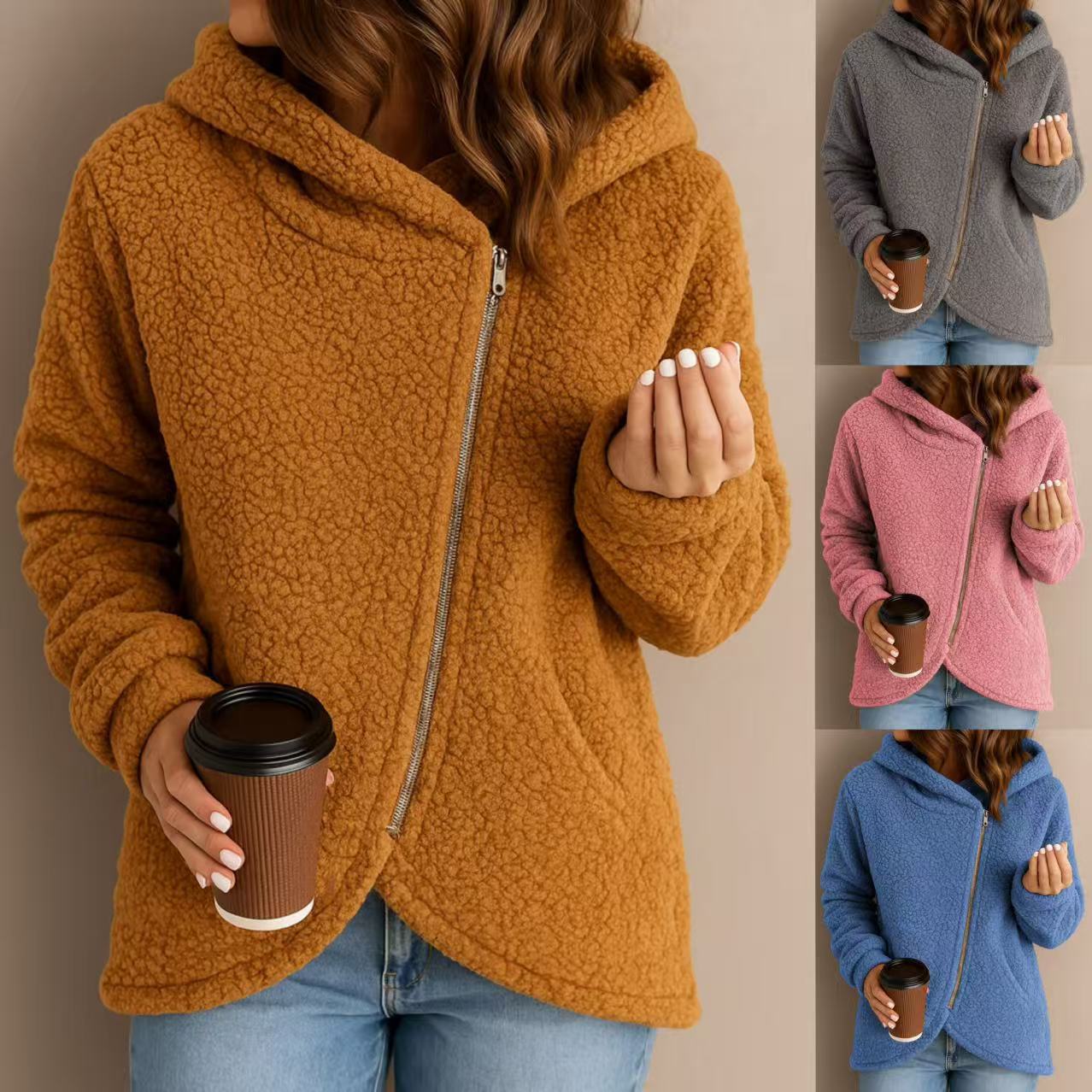 Women's Casual Loose Faux Shearling Zip Hoodie Jacket