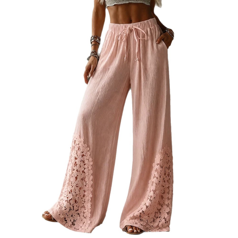 Women's Solid Lace Pocket Drawstring Wide-Leg Pants