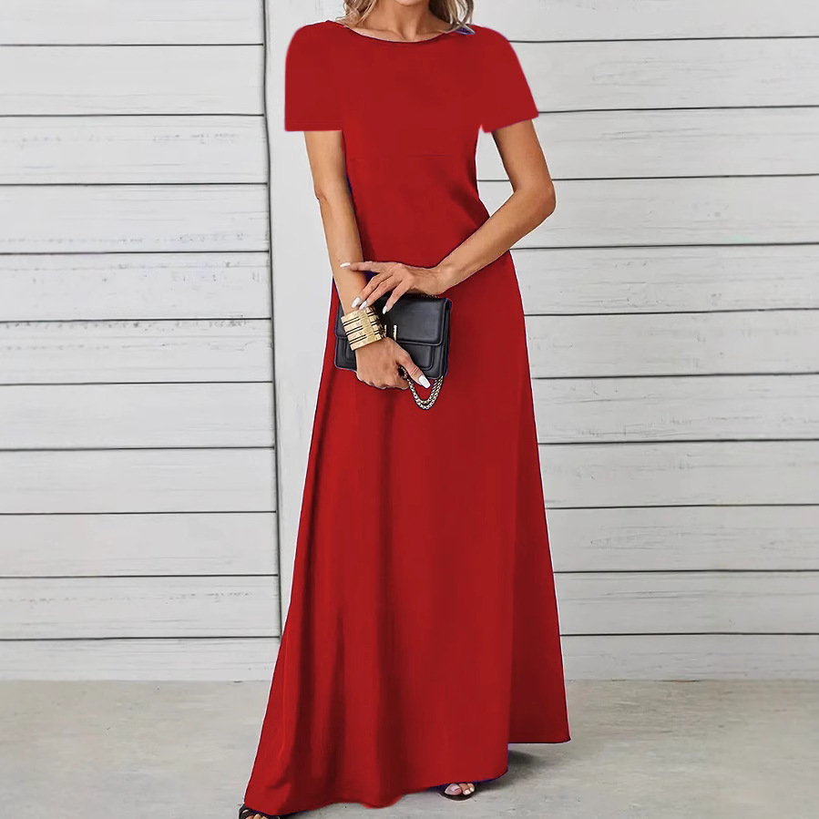 Women's Slim Fit Soft Crew Neck Solid Short Sleeve A-Line Dress