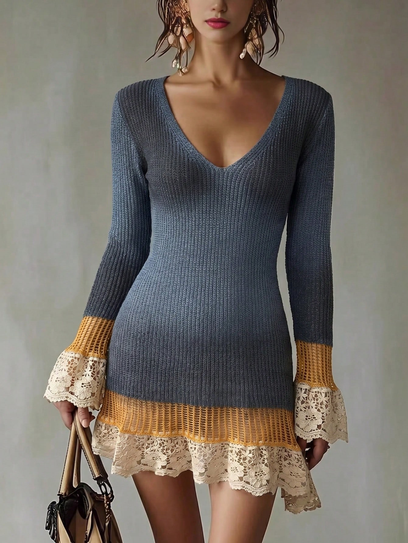 Women's Long Sleeve V-Neck Knit Sweater Dress Short