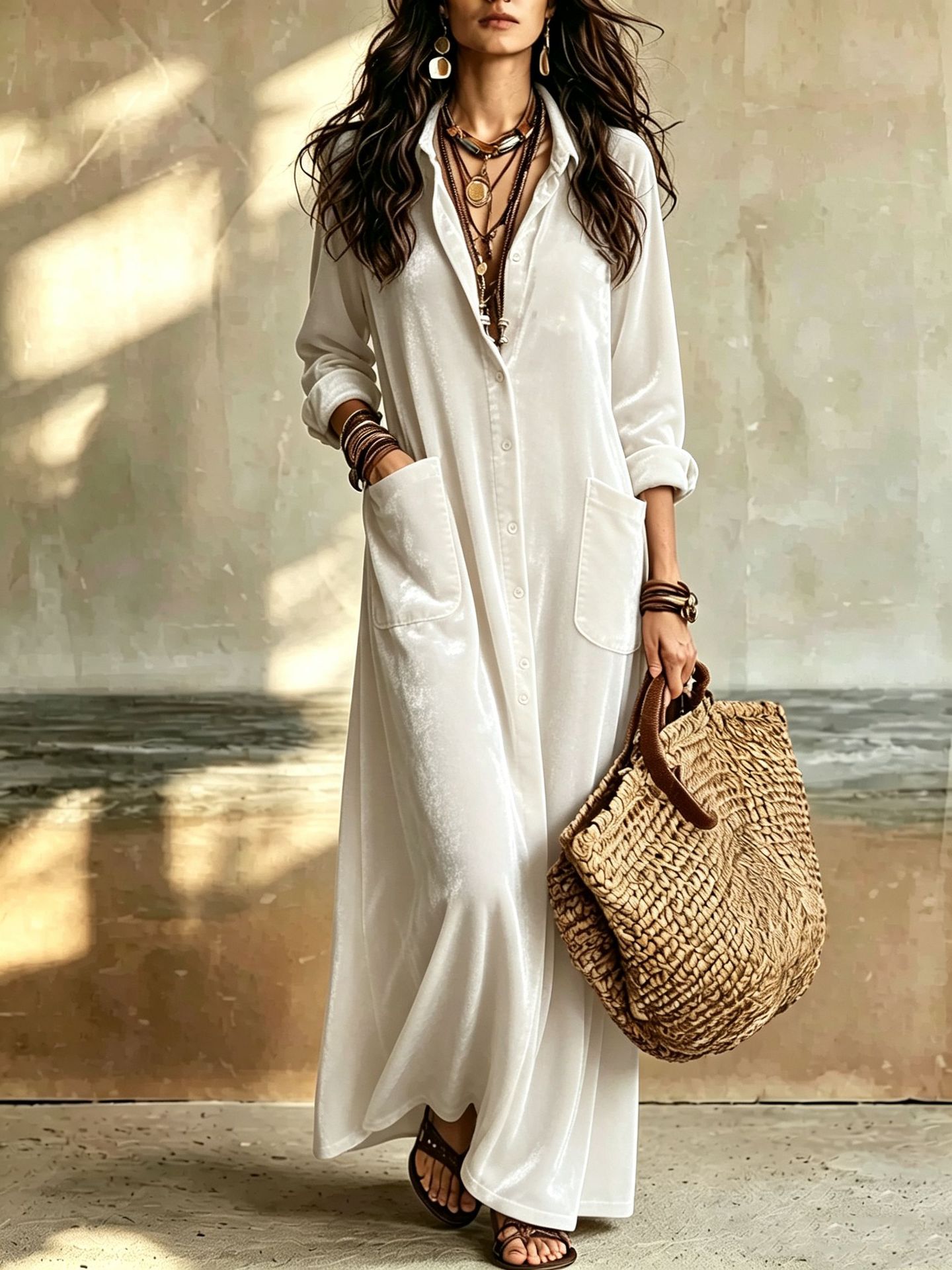 Boho Velvet Long Shirt Dress Solid Color Loose Fit