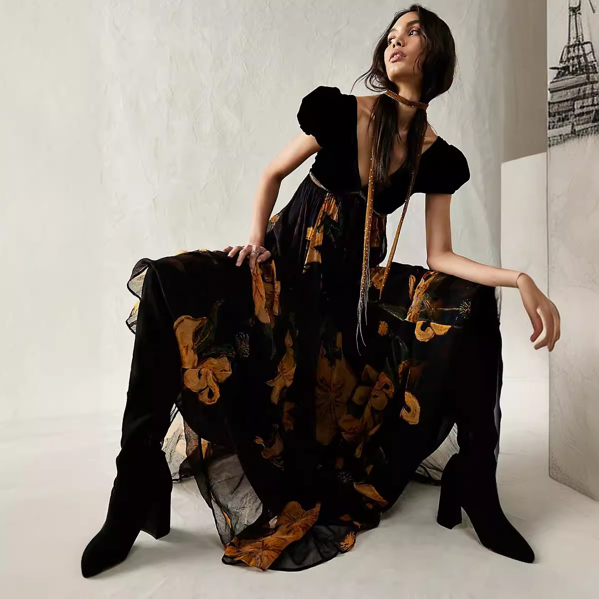 Women's Short Sleeve V-Neck Patchwork Tie-Waist Maxi Dress