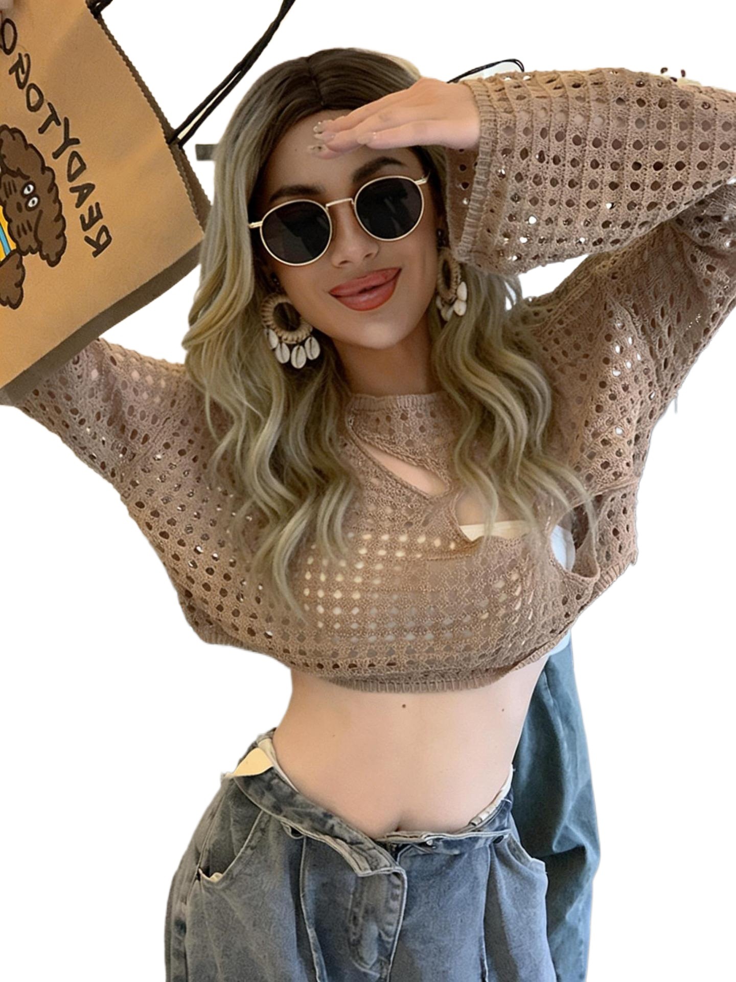 Women's Knit Long Sleeve Openwork Loose Cropped Top