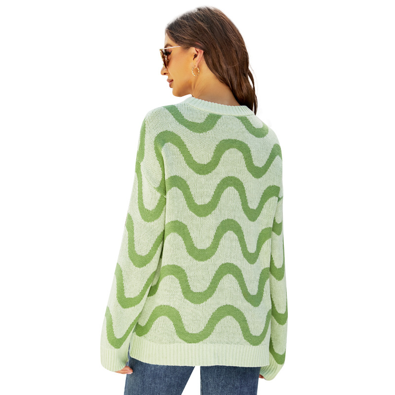 Women's Loose Fit Pullover Sweater Long Sleeve Round Neck Wavy Jacquard Color Block Knit Top