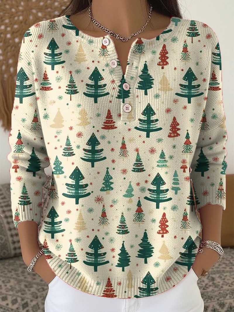 Women's Christmas Animal Lantern Print Button Sweatshirt