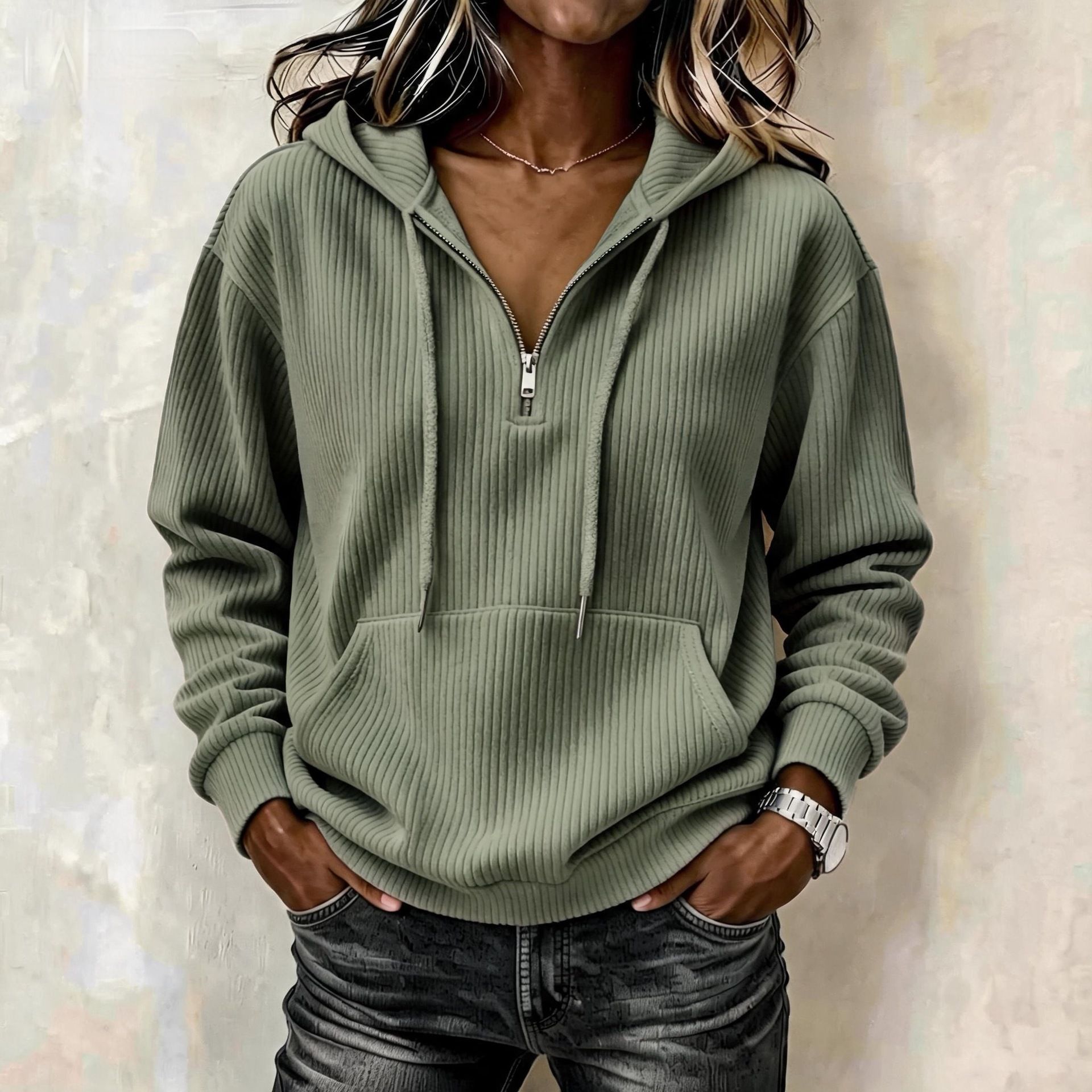 Corduroy Striped Drawstring Hoodie Loose Fit Women's
