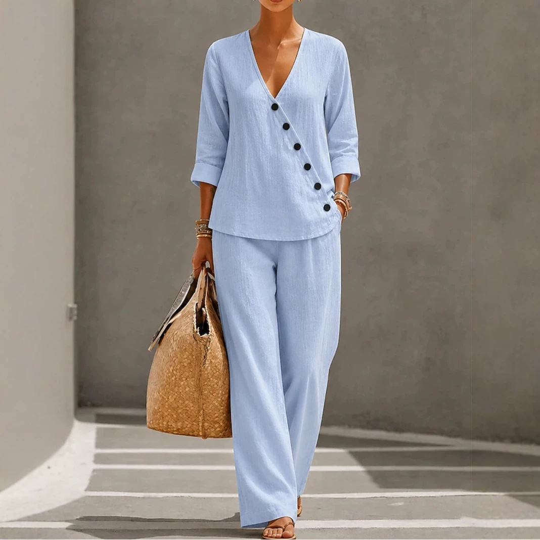 Women's Solid Color Button Top and Straight-Leg Pants Set