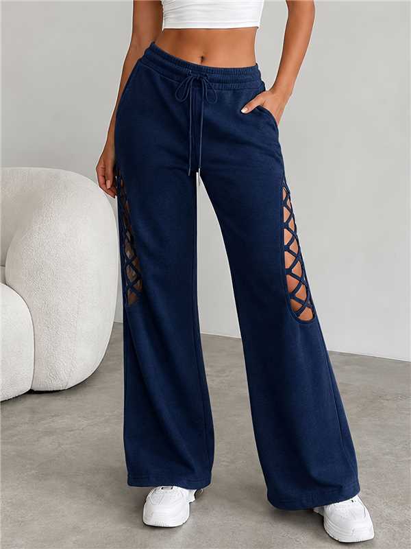 Women's Elastic Waist Wide-Leg Pants with Cutout Splicing, Loose Casual Vacation Trousers