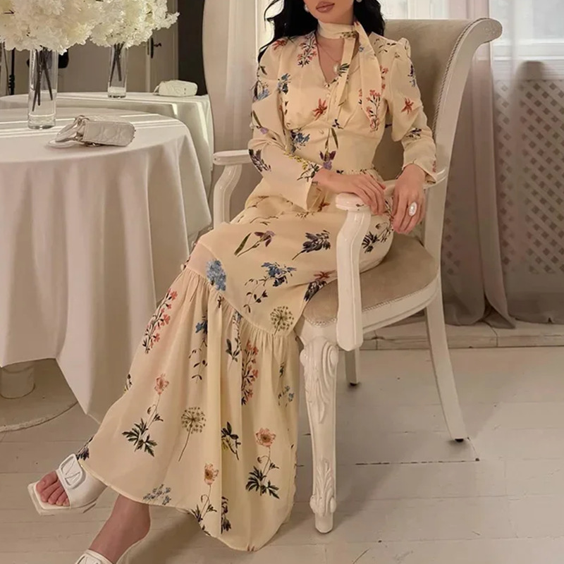 French Floral Spliced V-Neck Tie Midi Dress