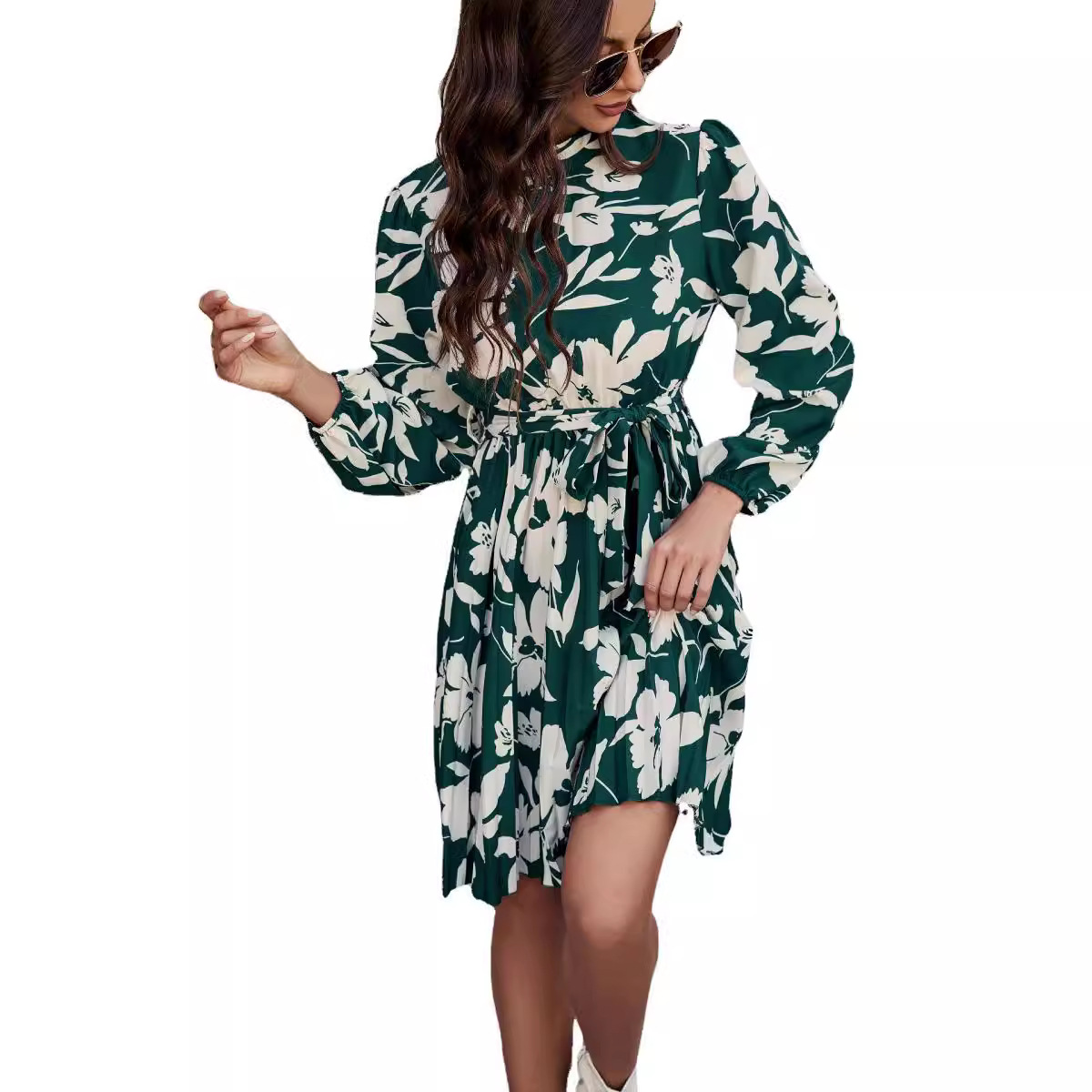 Women's Floral Print Long Sleeve Pleated Dress