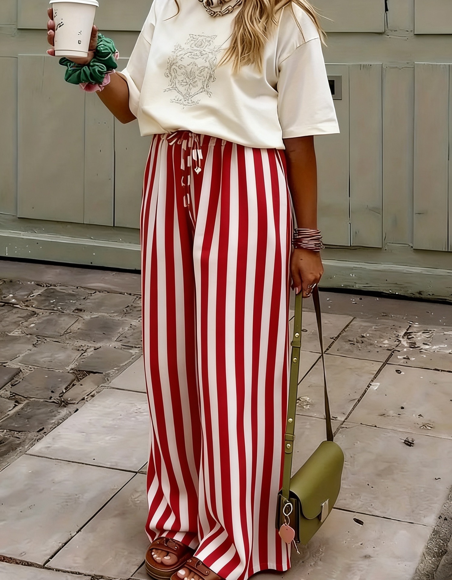 Women's Loose Straight-Leg Striped Print Pants Casual Colorblock