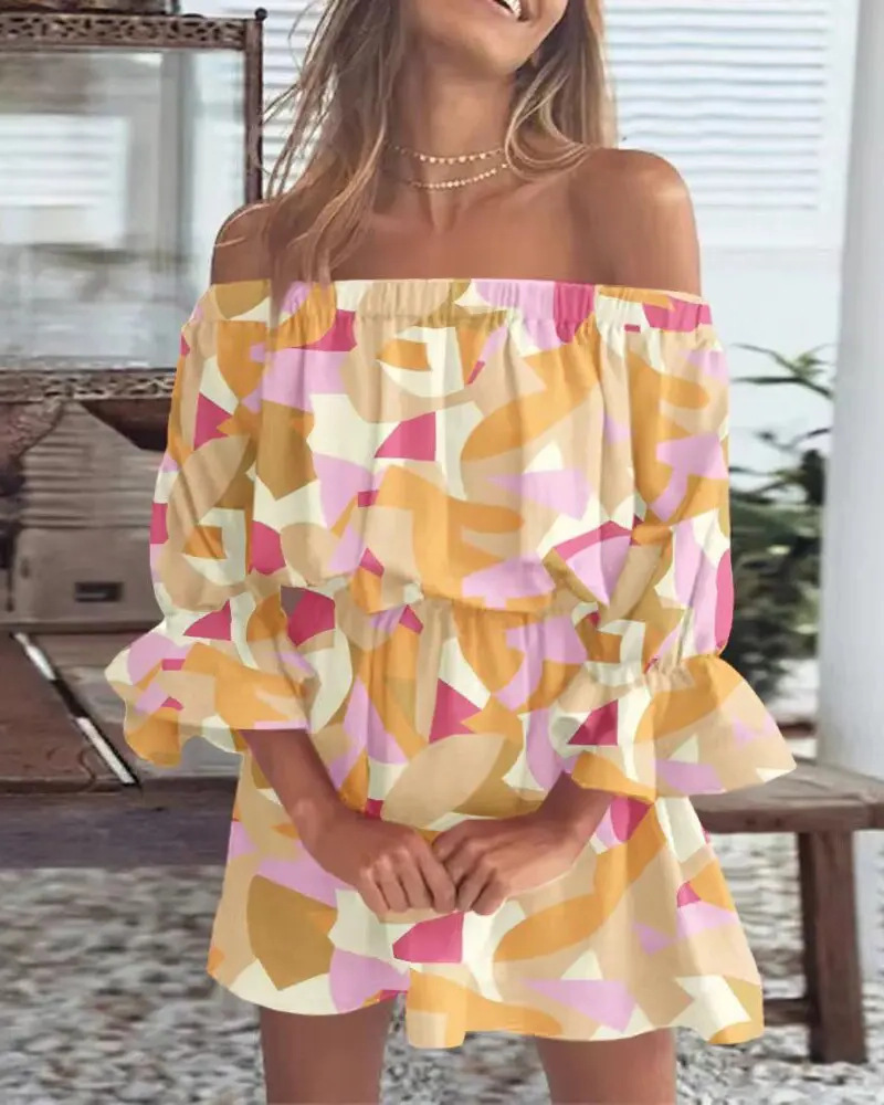 Women's Off-Shoulder Floral Print Dress Short Sleeve A-Line