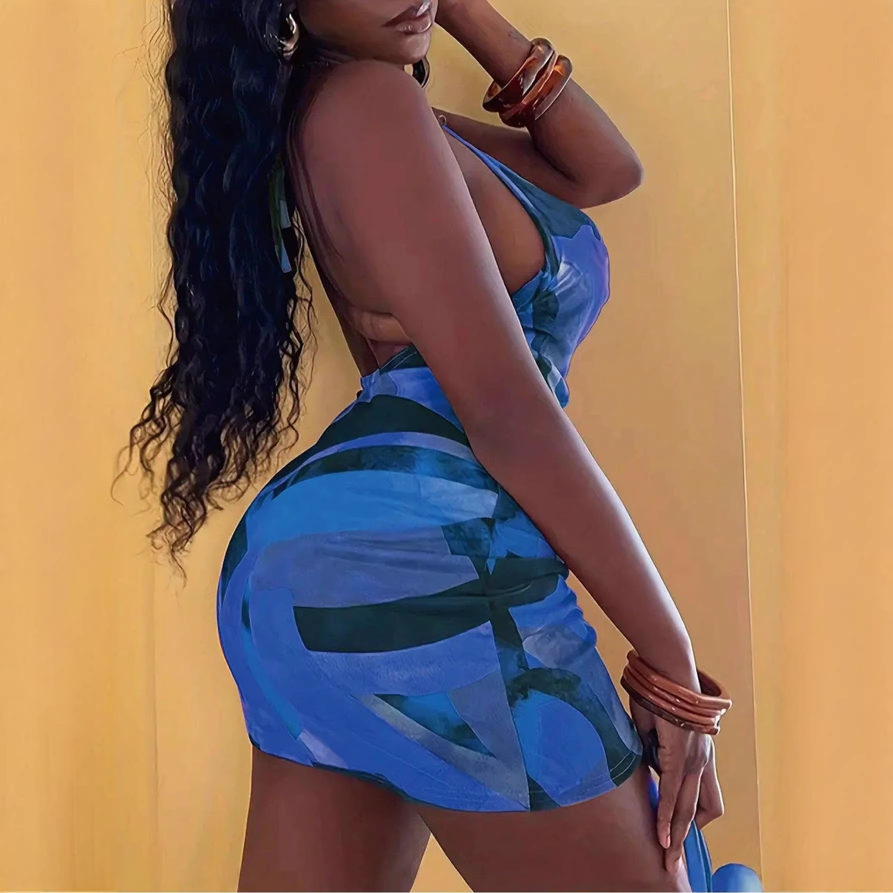 Tie-Dye Halter Bodycon Mini Dress with Cowl Neck