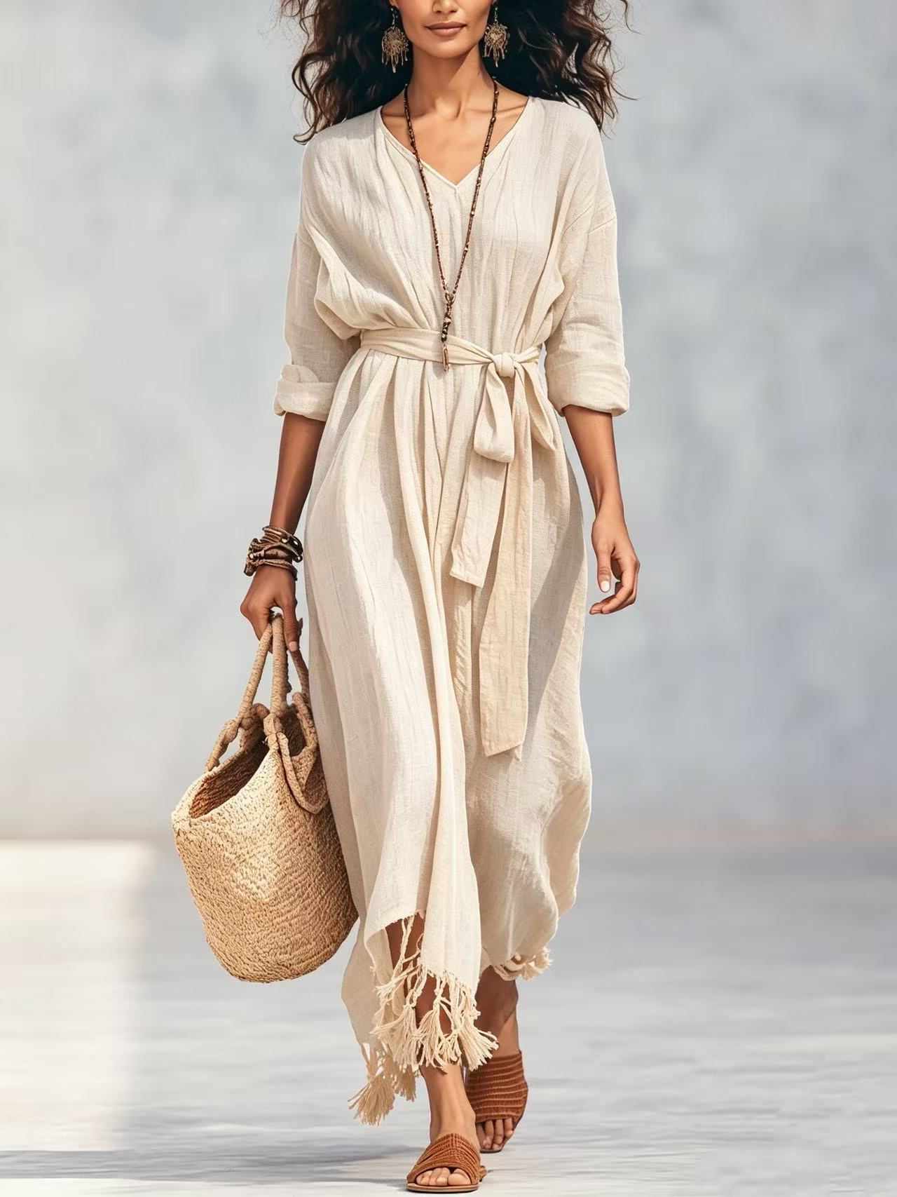 Boho V-Neck Tie-Front Fringe Hem Midi Dress