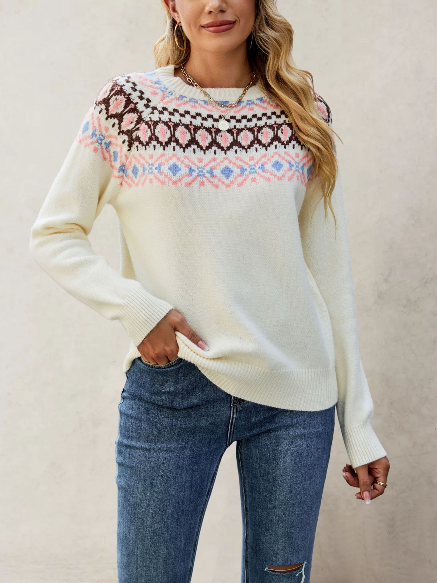 Women's Jacquard Knit Sweater Retro Crewneck Pullover