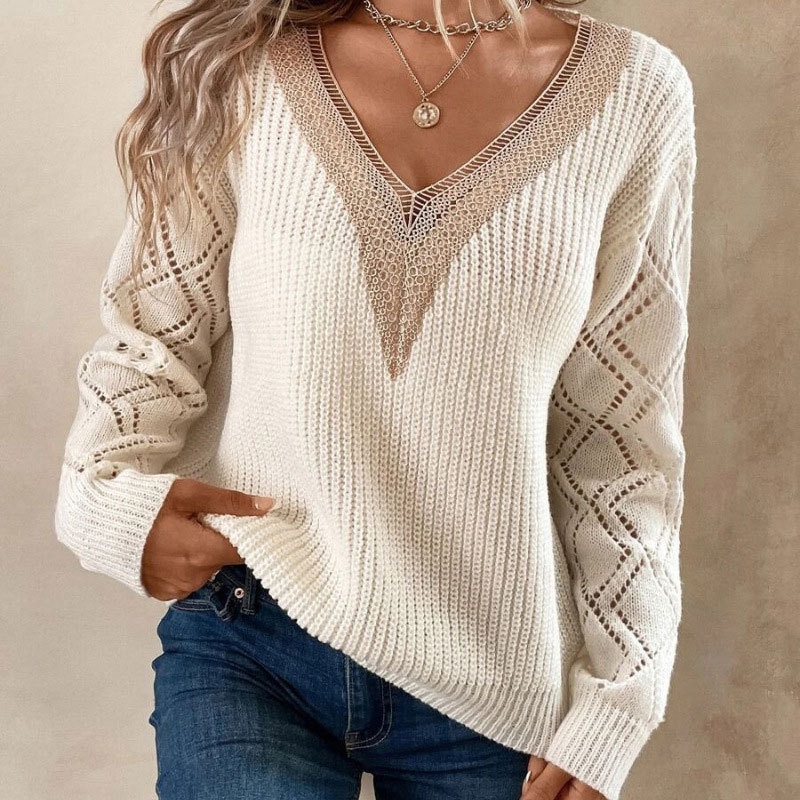 Women's Lace Trim V-Neck Long Sleeve Pullover Knit Sweater