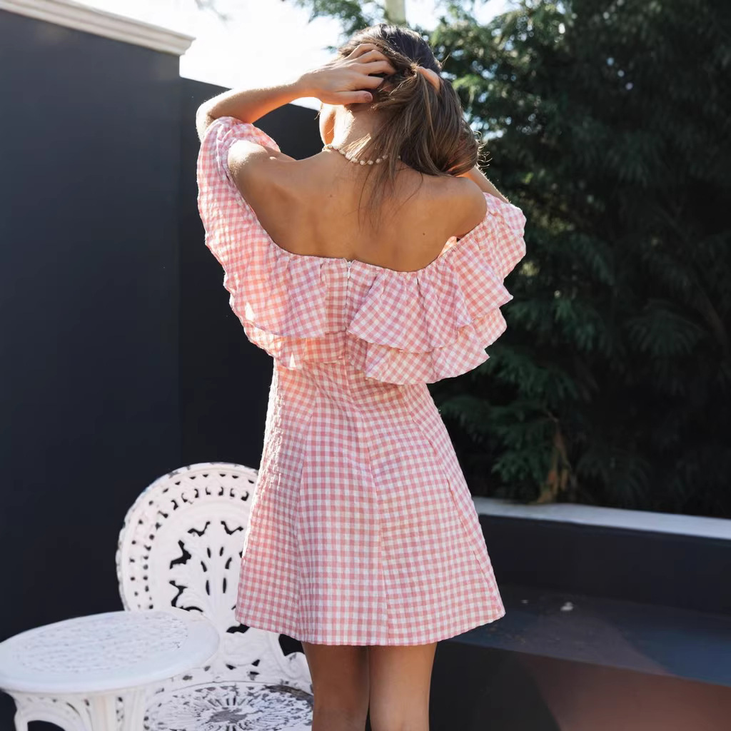 Plaid Off-Shoulder Ruffle-Trim Dress