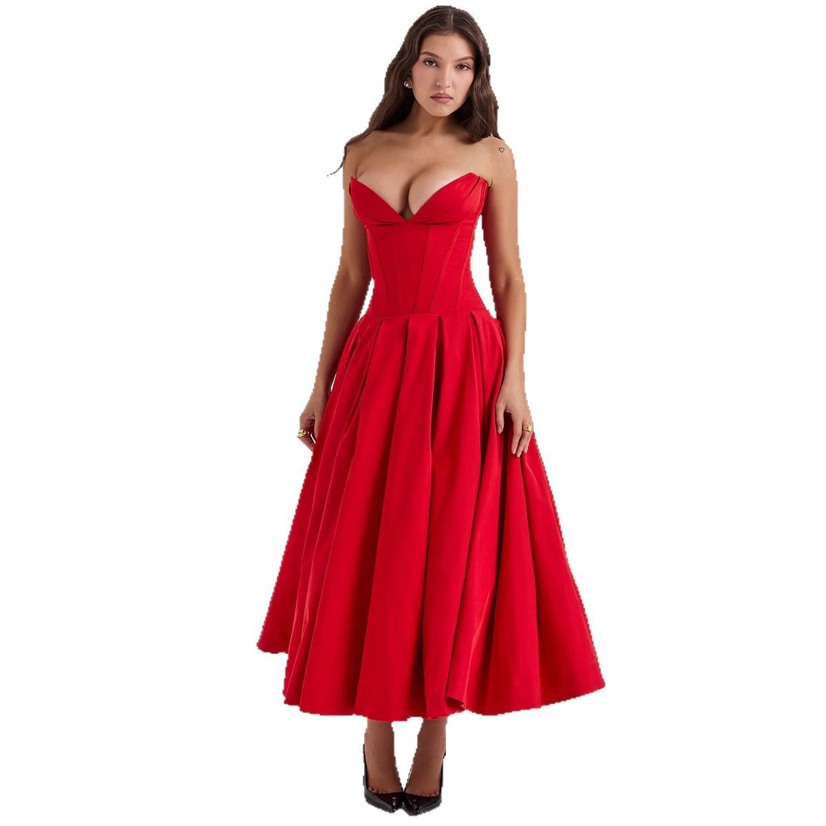 Women's Sleeveless Strapless Midi Dress Solid Color Slim Fit