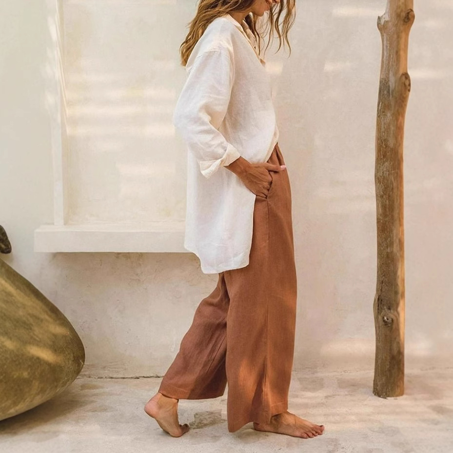 Women's Plus Size High Waist Wide Leg Pants Casual Cotton Blend