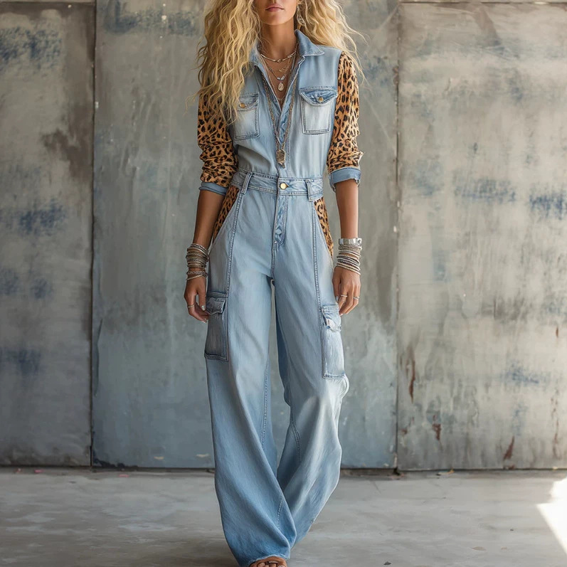 Retro Leopard Patchwork Blue Jumpsuit