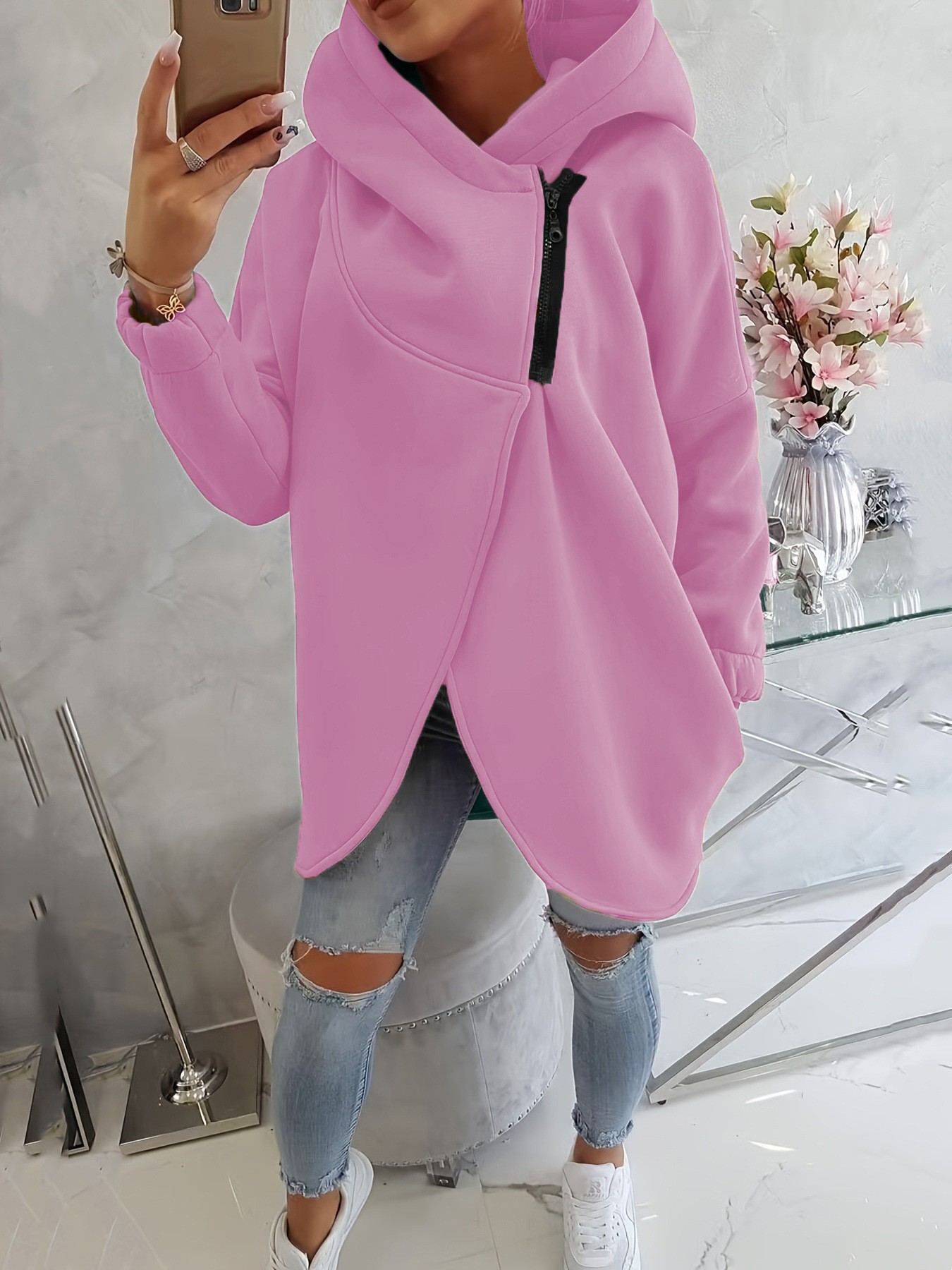 Women's Long-Sleeve Black Hooded Zip-Up Jacket with Front Pockets