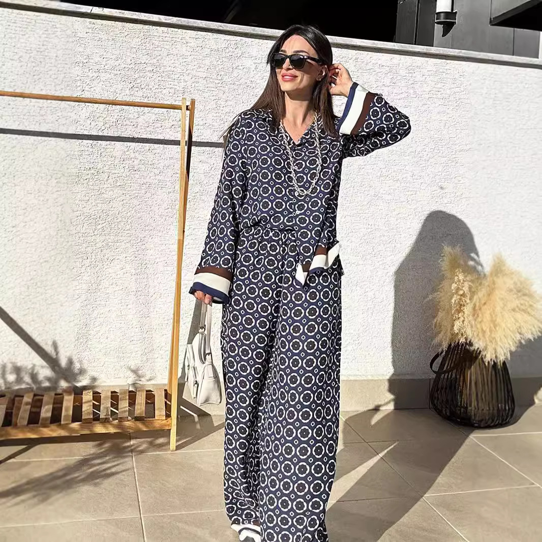 Women's Printed Long Sleeve Shirt and High Waist Pants Two-Piece Set