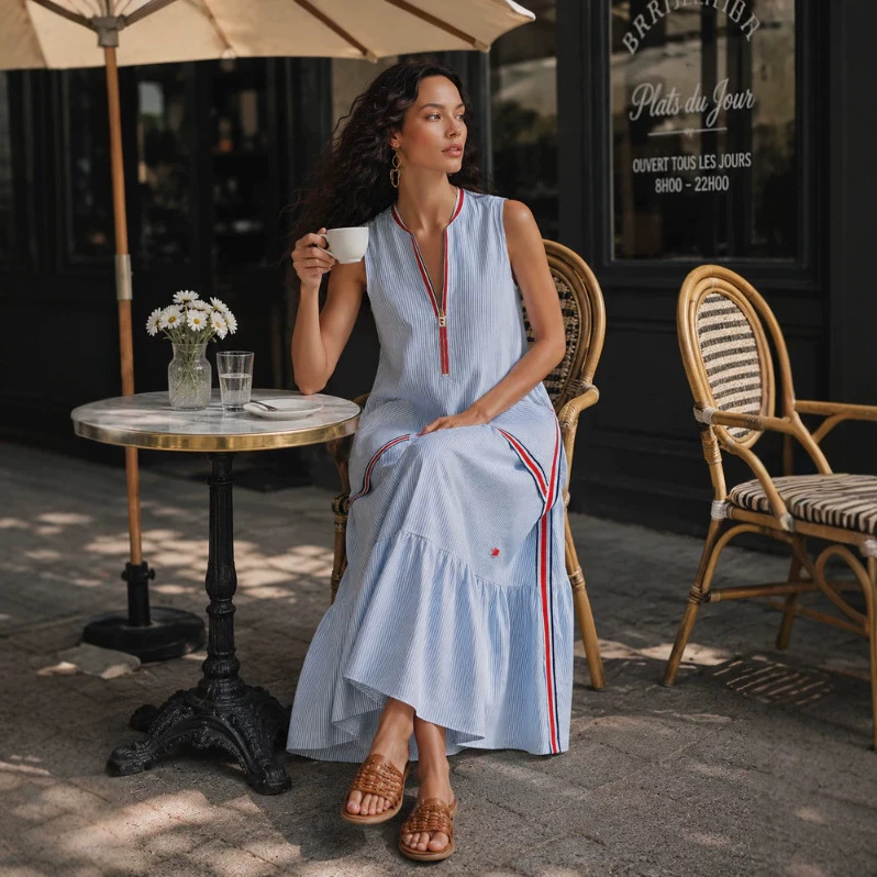 V-Neck Front Zip Light Blue Striped Midi Dress